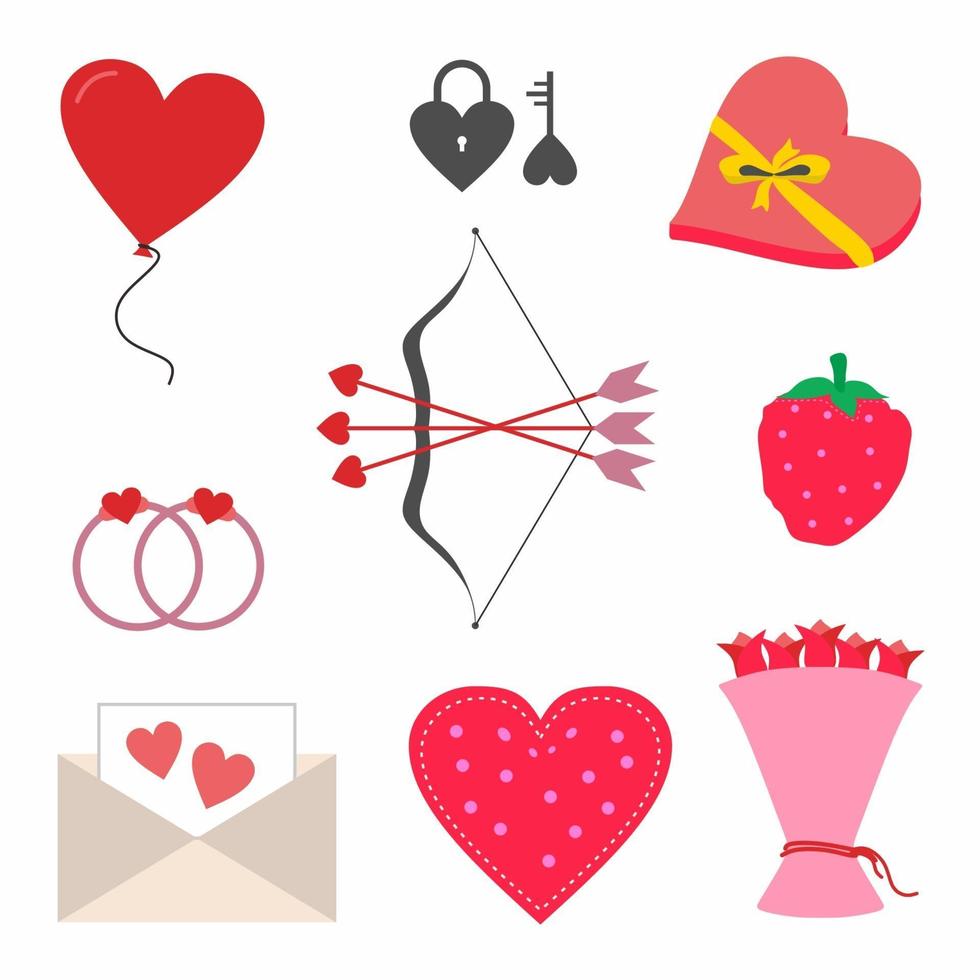 set van romantische dagsymbool. Valentijnsdag met cupido boog en pijl, ring, roze bloem, liefdesbrief en rode hartballon. platte ontwerp vectorillustratie. verzameling liefde bruiloft items. vector