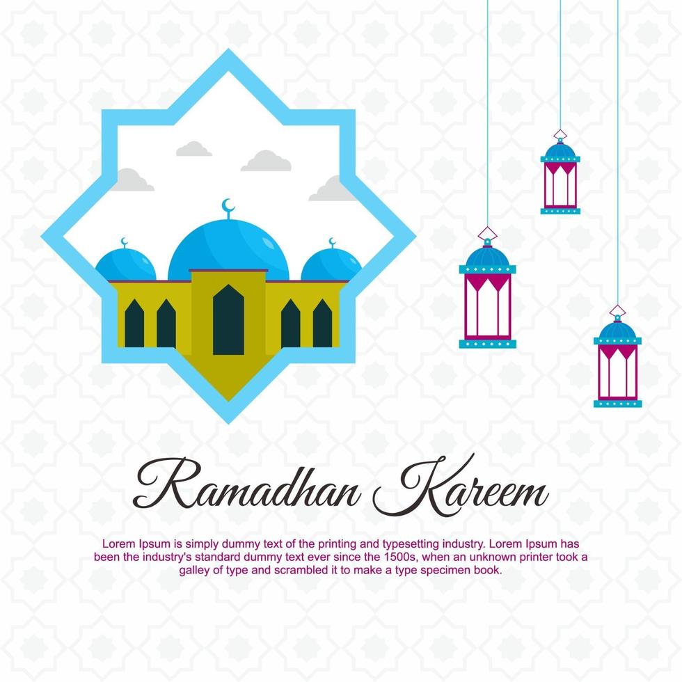 ramadan kareem wenskaarten cartoon vector ontwerp met moskee en lantaarn. in de hoop op een islamitisch festival voor spandoeken, posters, achtergronden, brochures en verkoop geïsoleerd op een witte achtergrond.