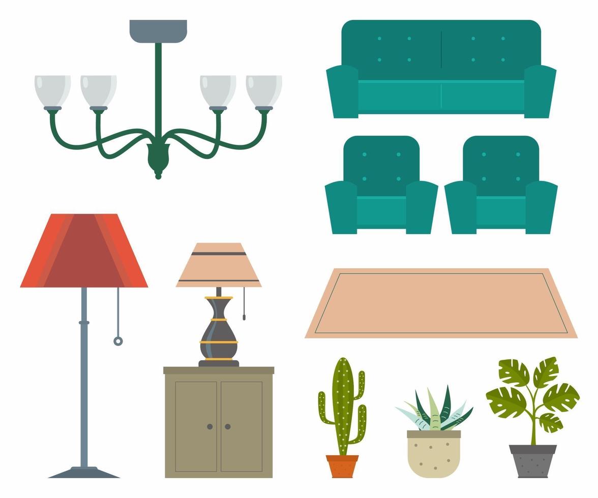 iconen set van interieur. design trendy meubelen met verschillende modellen lamp, stoelbank, vloerkleed, cactus en monsterablad. meubels en elementen voor woonkamer, slaapkamer, keuken, badkamer, kantoor. vector