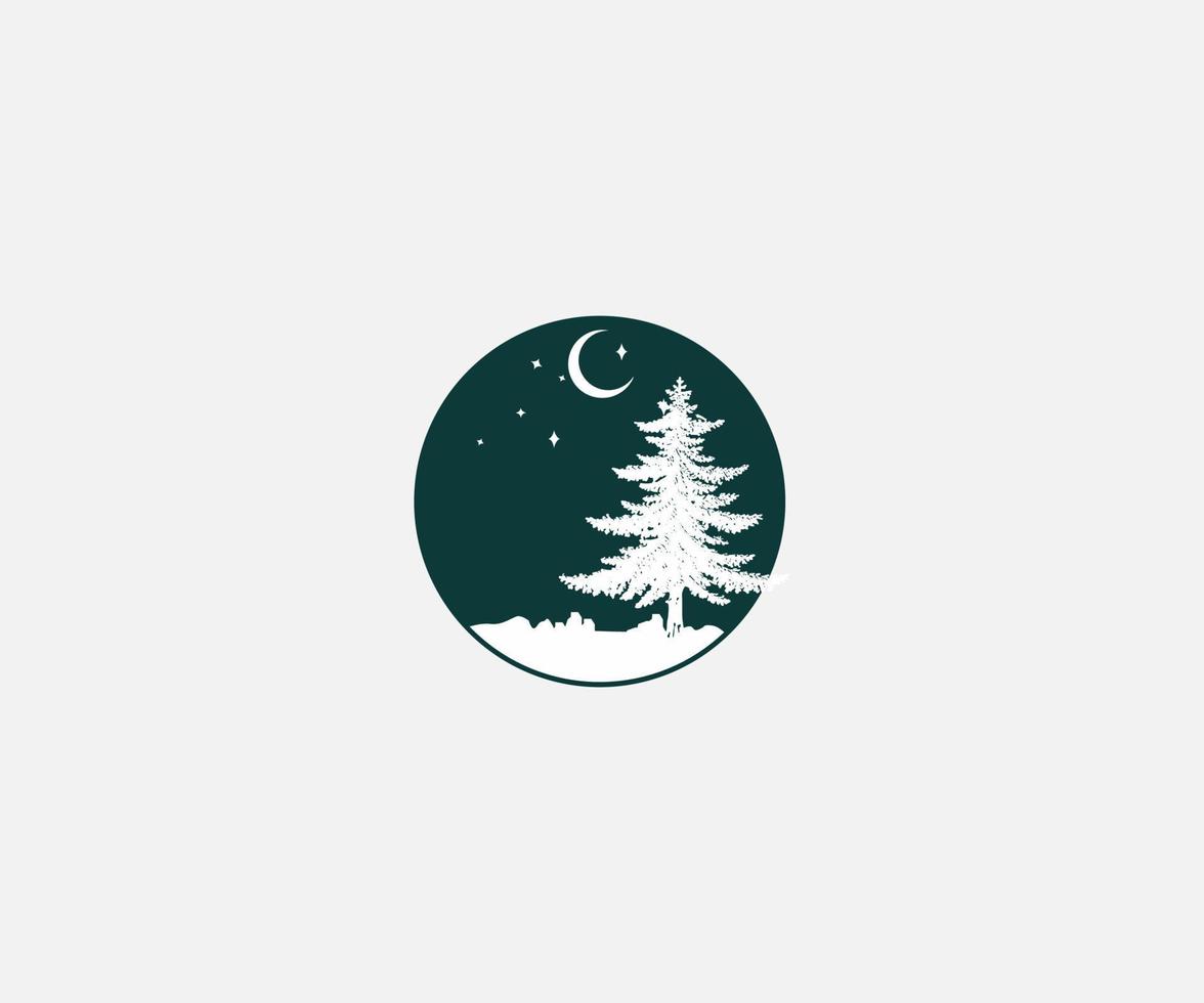 camping grond logo met een dennen en maan sterren geïsoleerd zwart cirkel achtergrond logo ontwerp embleem vector