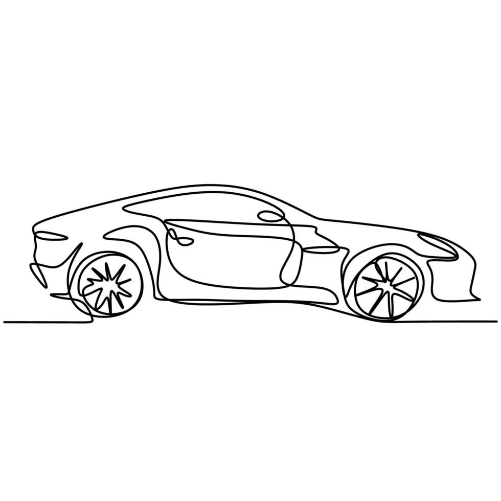 een enkele lijntekening van sportwagen. racen en rallysport luxe sportieve auto continue tekenlijn met de hand getekend op een witte achtergrond. race super auto voertuig transport concept vector