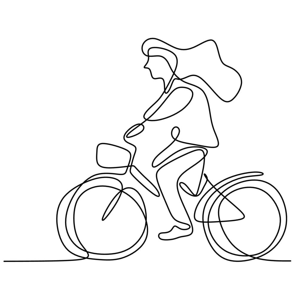 een lijntekening van gelukkig jong meisje op de fiets. energieke mooie vrouw die 's ochtends haar fiets rijdt om naar school te gaan. dagelijkse activiteiten. terug naar school concept geïsoleerd op een witte achtergrond vector