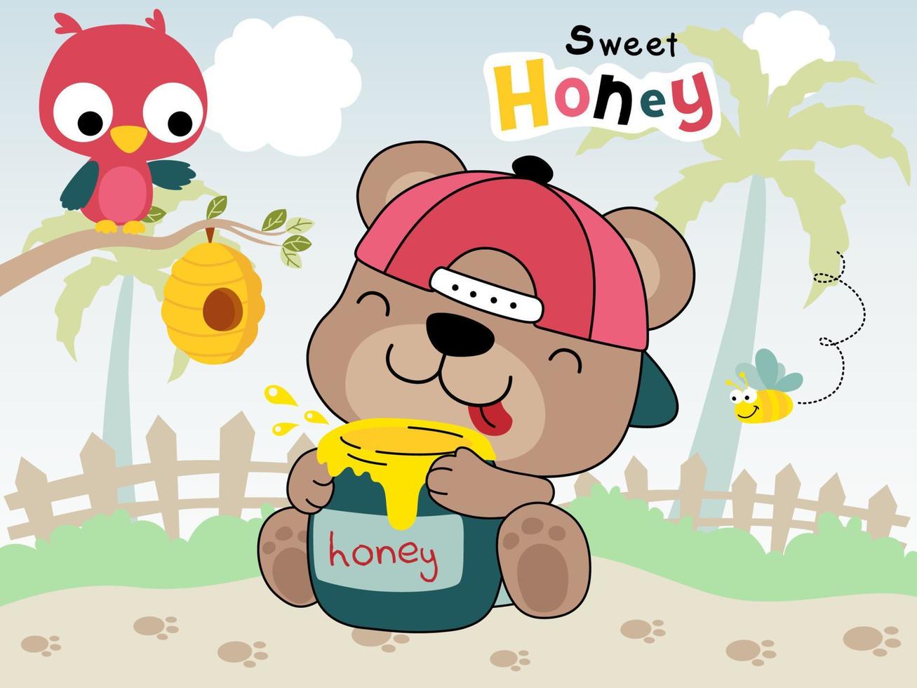 schattig beer tekenfilm knuffelen pot honing, uil Aan boom met weinig bij vliegend vector