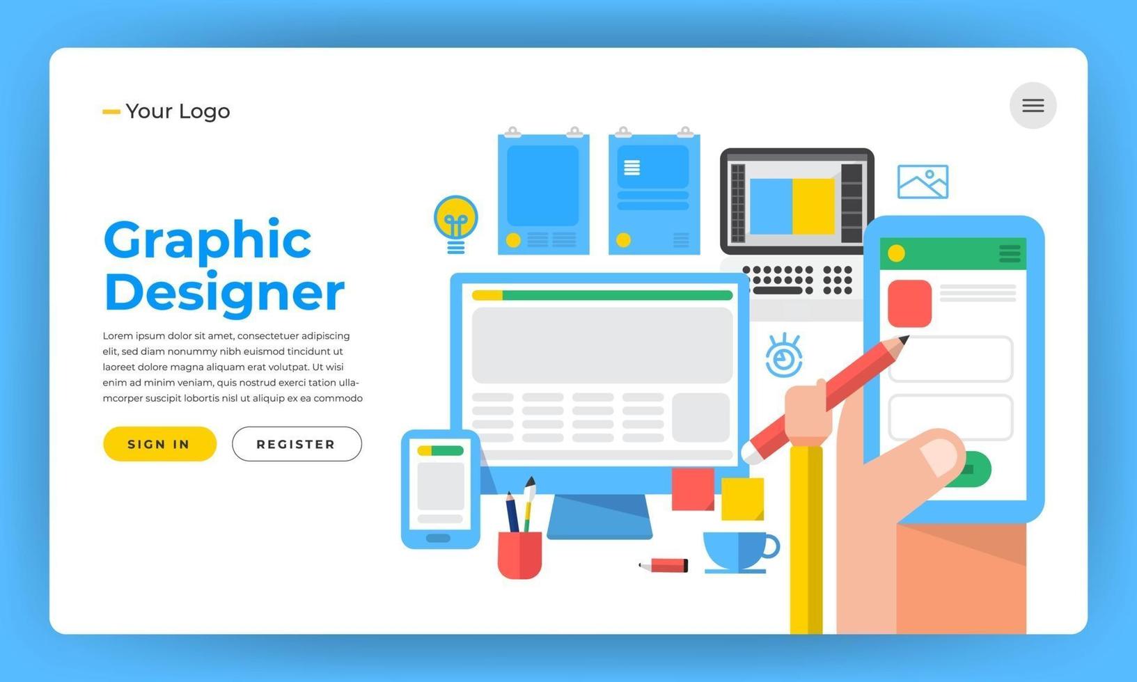 mock-up ontwerp website plat ontwerpconcept de ontwerper zoals grafische websitetoepassing en ontwerptools. vector illustratie.
