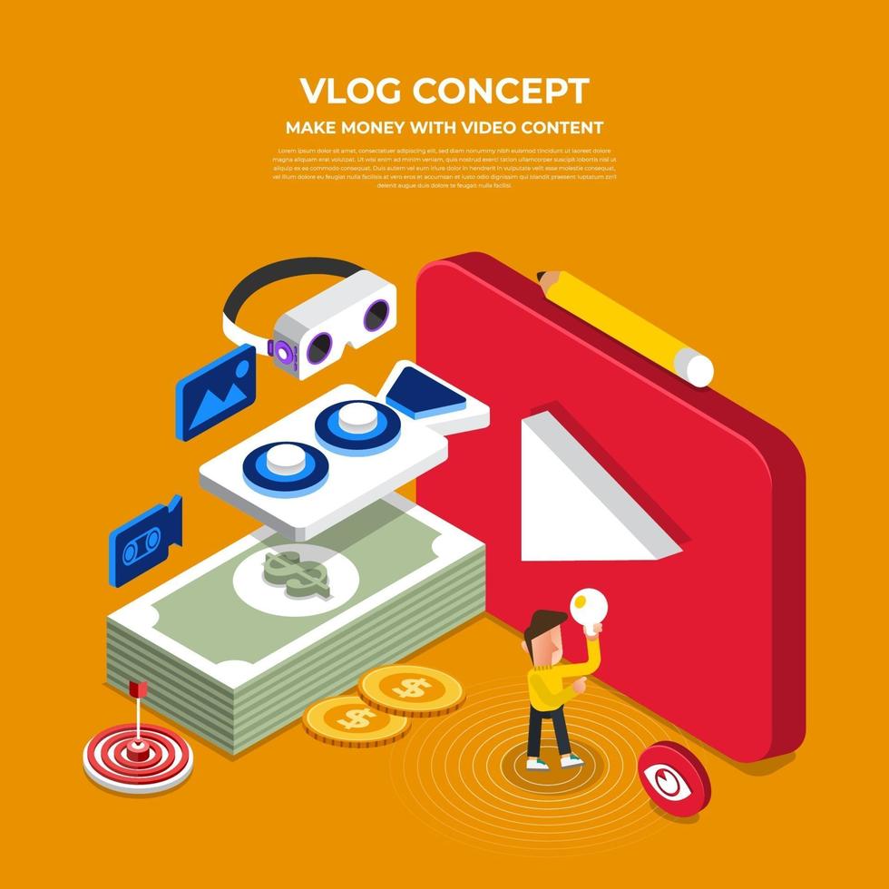 plat ontwerp vlog-concept. maak videocontent en verdien geld. vector illustreren