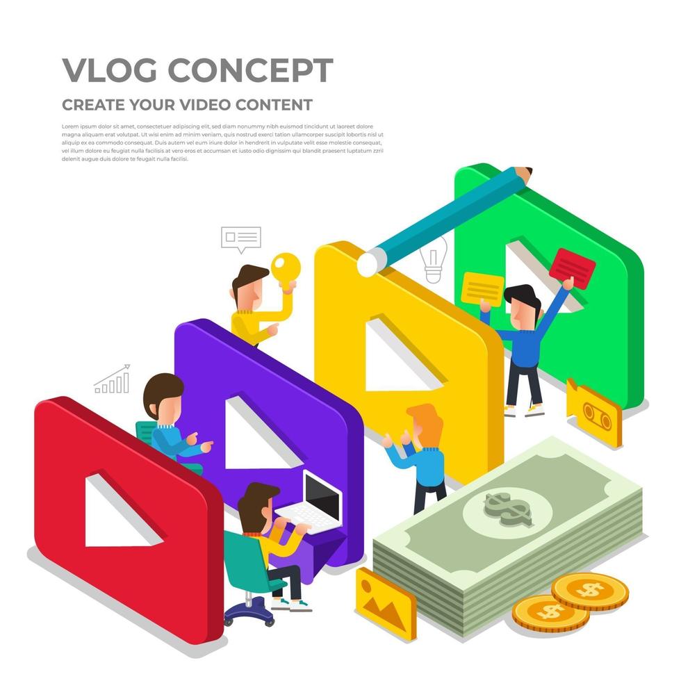 plat ontwerp vlog-concept. maak videocontent en verdien geld. vector illustreren