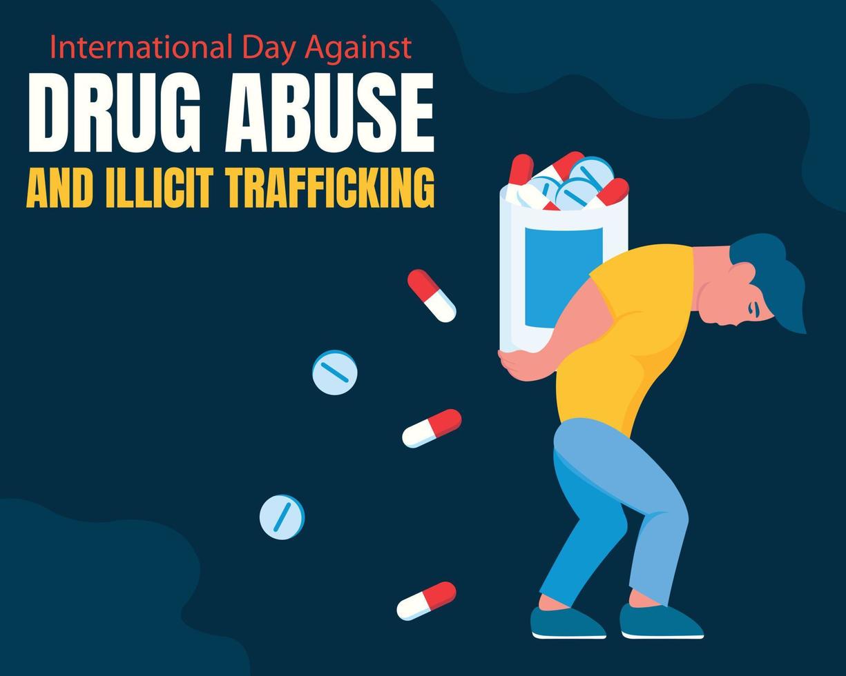 illustratie vector grafisch van een Mens Holding een fles gevulde met verboden drugs, tonen de verdovende middelen vallend verspreide, perfect voor Internationale dag, drug misbruik, illegaal mensenhandel.