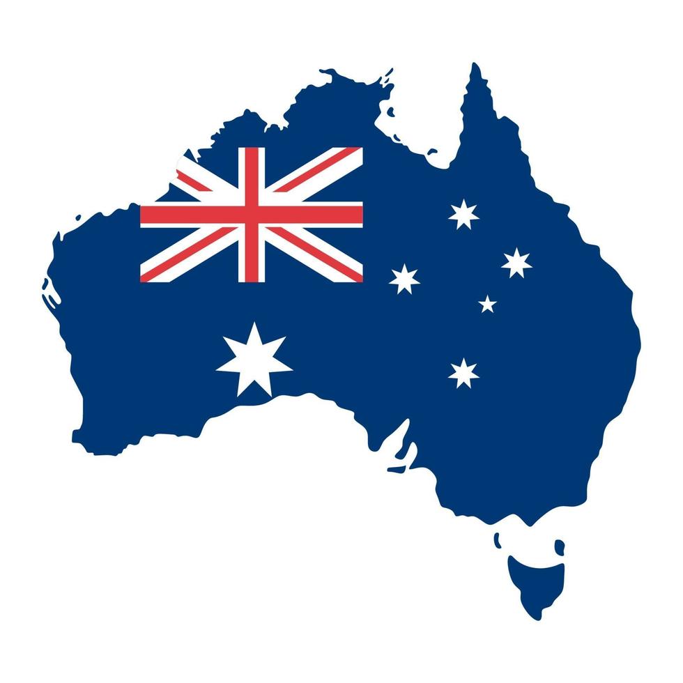 sticker in de vorm van de kaart van Australië in vlakke stijl. gelukkige dag van australië met een blauwe kaart en een vlag op wit wordt geïsoleerd. Australische patriottische elementen. poster, kaart, banner en achtergrond. vector illustratie