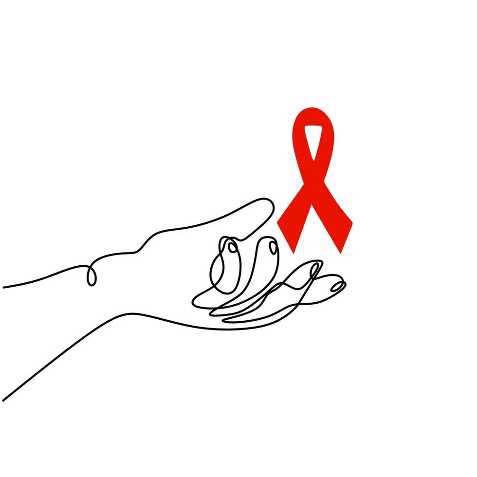 menselijke hand met rood lint helpt continu een lijntekening. steun hoop op genezing en stop aids-concept. Wereld Aidsdag, 1 december. liefdadigheid badge lint geïsoleerd op een witte achtergrond. vector