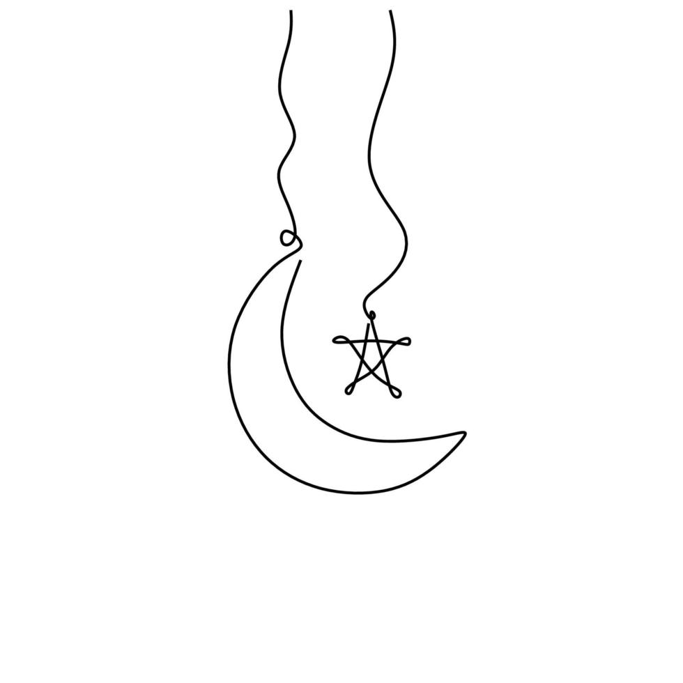 een enkele lijntekening van islamitisch ornament met maan en ster geïsoleerd op een witte achtergrond. ramadan kareem wenskaart, spandoek en poster concept. minimalisme ontwerp. vector illustratie