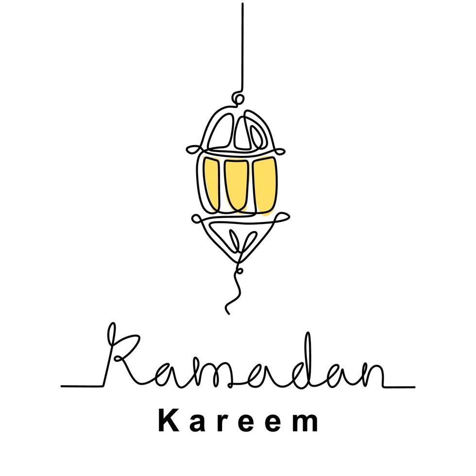 een enkele lijntekening van het hangende ornament van traditionele islamitische lantaarnlampen. ramadan kareem handgeschreven letters geïsoleerd op een witte achtergrond. eid mubarak-thema. vector illustratie