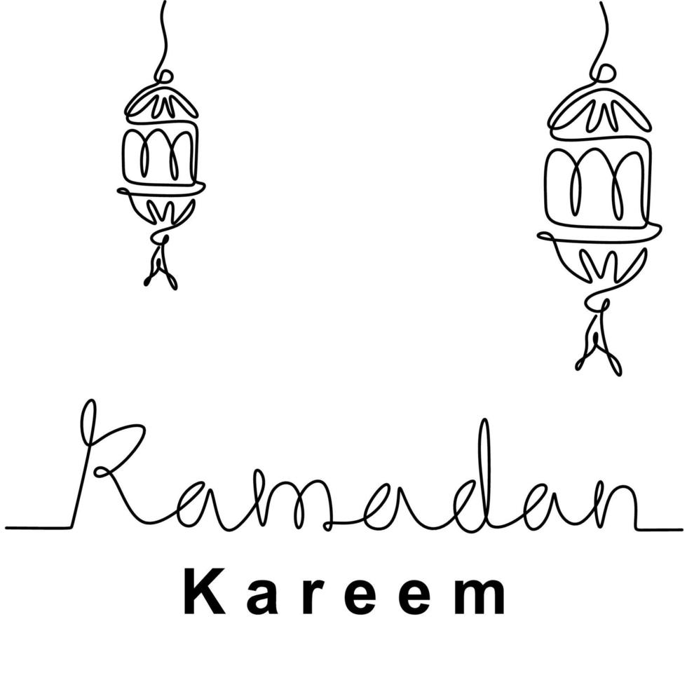 een enkele lijntekening van het hangende ornament van traditionele islamitische lantaarnlampen. ramadan kareem handgeschreven letters geïsoleerd op een witte achtergrond. eid mubarak-thema. vector illustratie