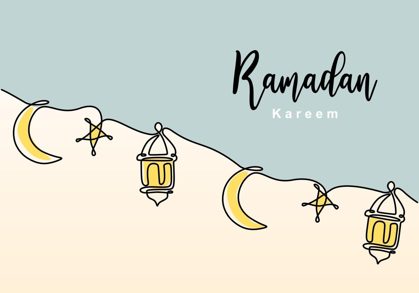 doorlopende lijntekening van islamitische decoratie met lantaarn, ster en maan en belettering. moslim traditionele vakantie. hand getrokken lijntekeningen van ramadan kareem wenskaart concept. vector illustratie