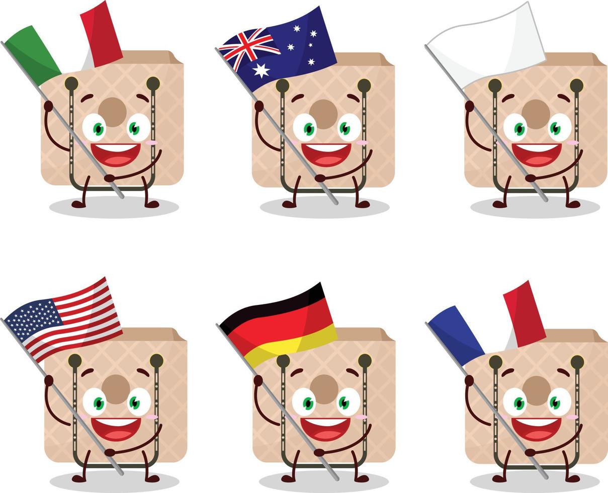 Dames draagdoek zak tekenfilm karakter brengen de vlaggen van divers landen vector