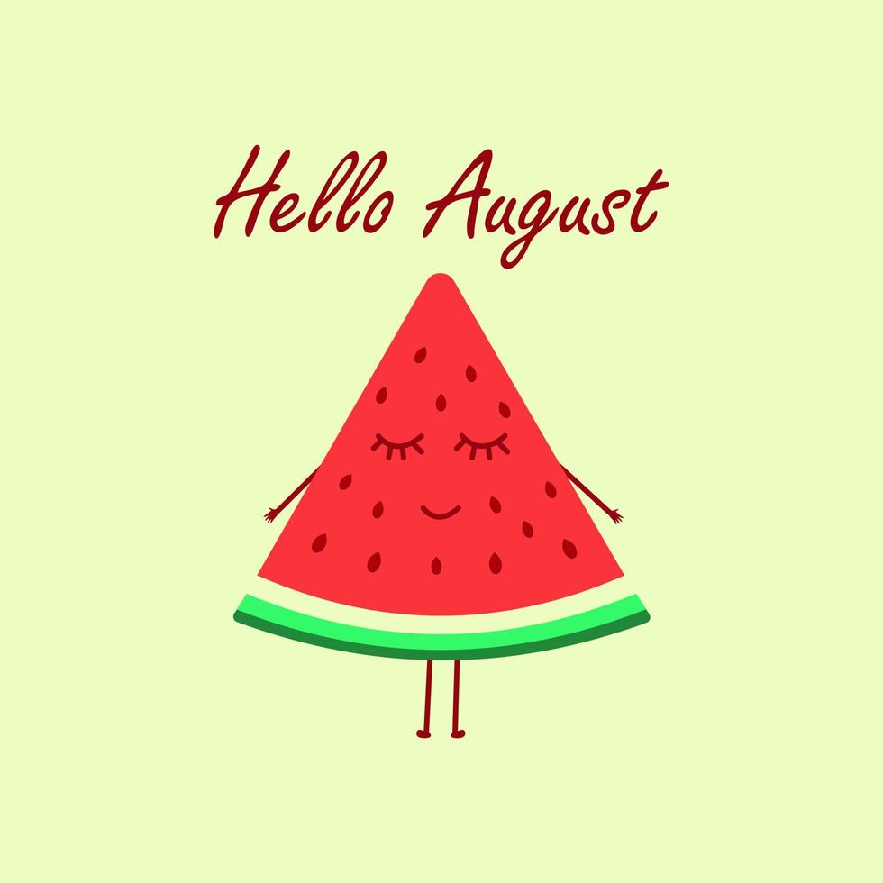 licht achtergrond met Hallo augustus opschrift en glimlachen meisje watermeloen. vector illustratie. een plak van watermeloen. smakelijk gezond seizoensgebonden zomer fruit, vitamine