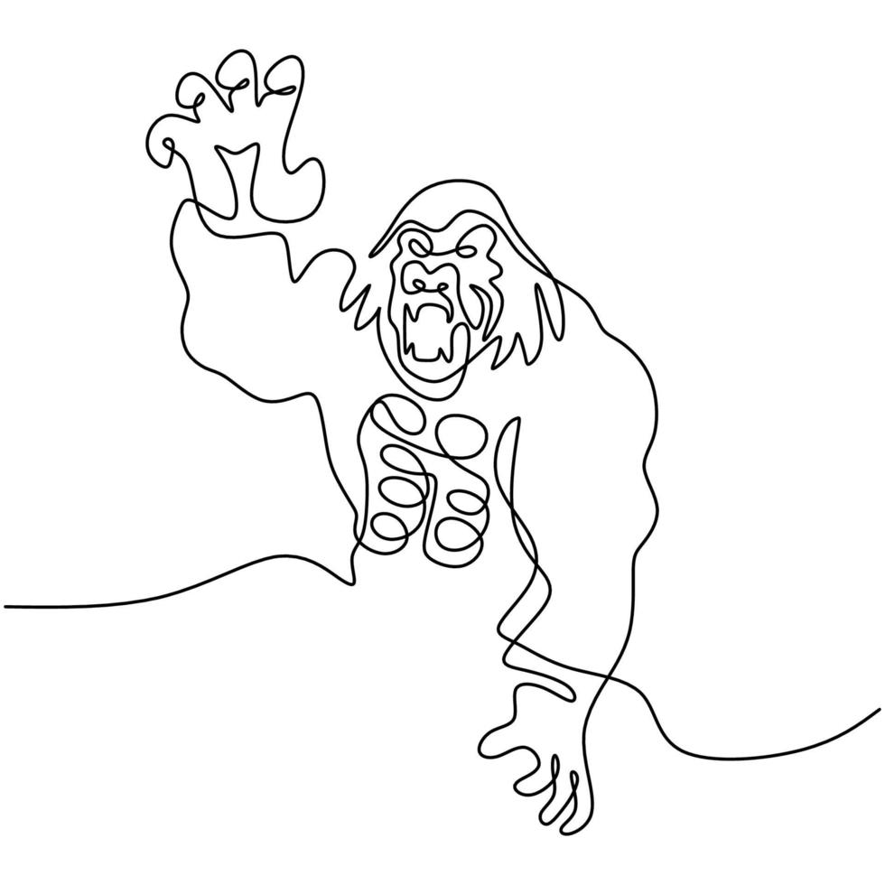 een doorlopende lijntekening van gorilla voor de identiteit van het nationaal parklogo. boze grote aap primaat dierlijke minimalistische stijl op witte achtergrond. wild dier mascotte concept voor behoud bos pictogram. vector