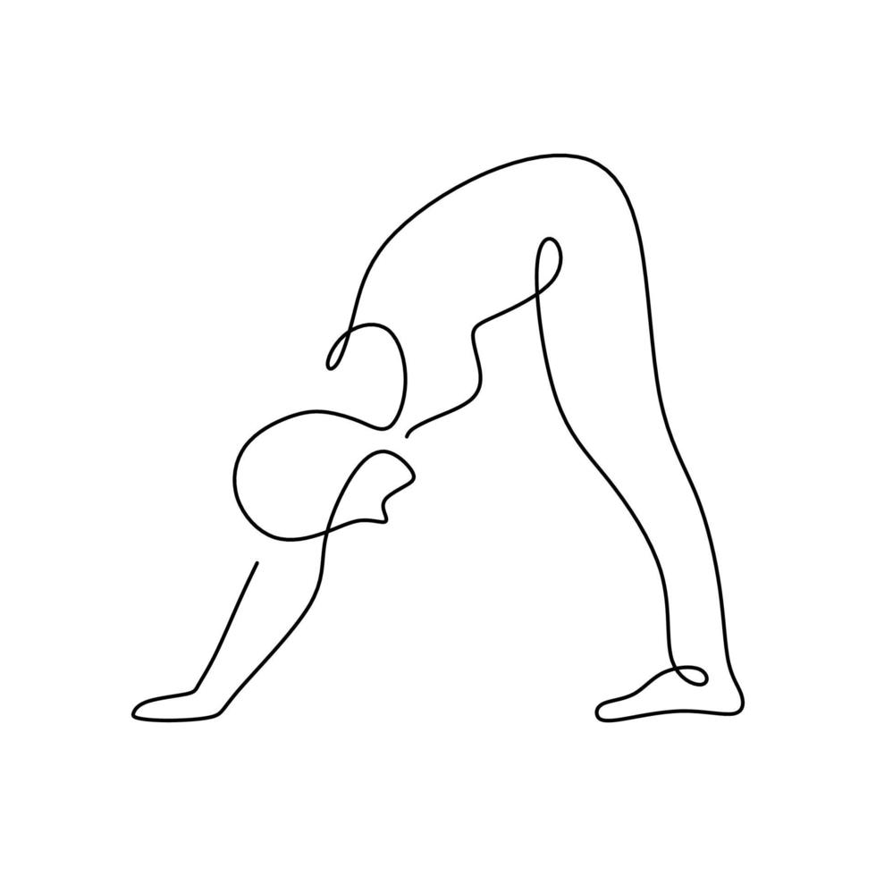 vrouw doet yoga pose. continu een lijntekening van energiek meisje praktijk neerwaartse hond yoga oefening pose. karakter vrouw in krijger pose geïsoleerd op een witte achtergrond. vector illustratie