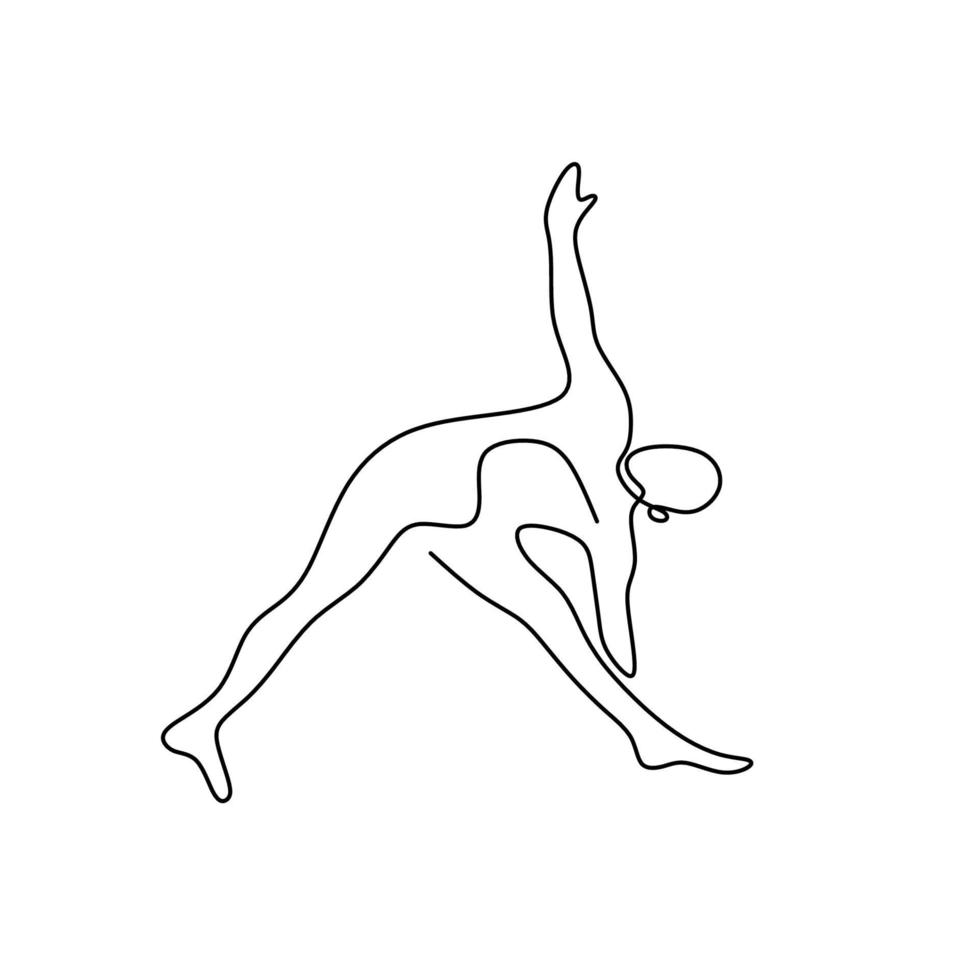 doorlopende lijntekeningen of een lijntekening van een vrouw die yoga doet driehoek pose geïsoleerd op een witte achtergrond. staande op één been. gezonde levensstijl concept. internationale dag van yoga. vector illustratie