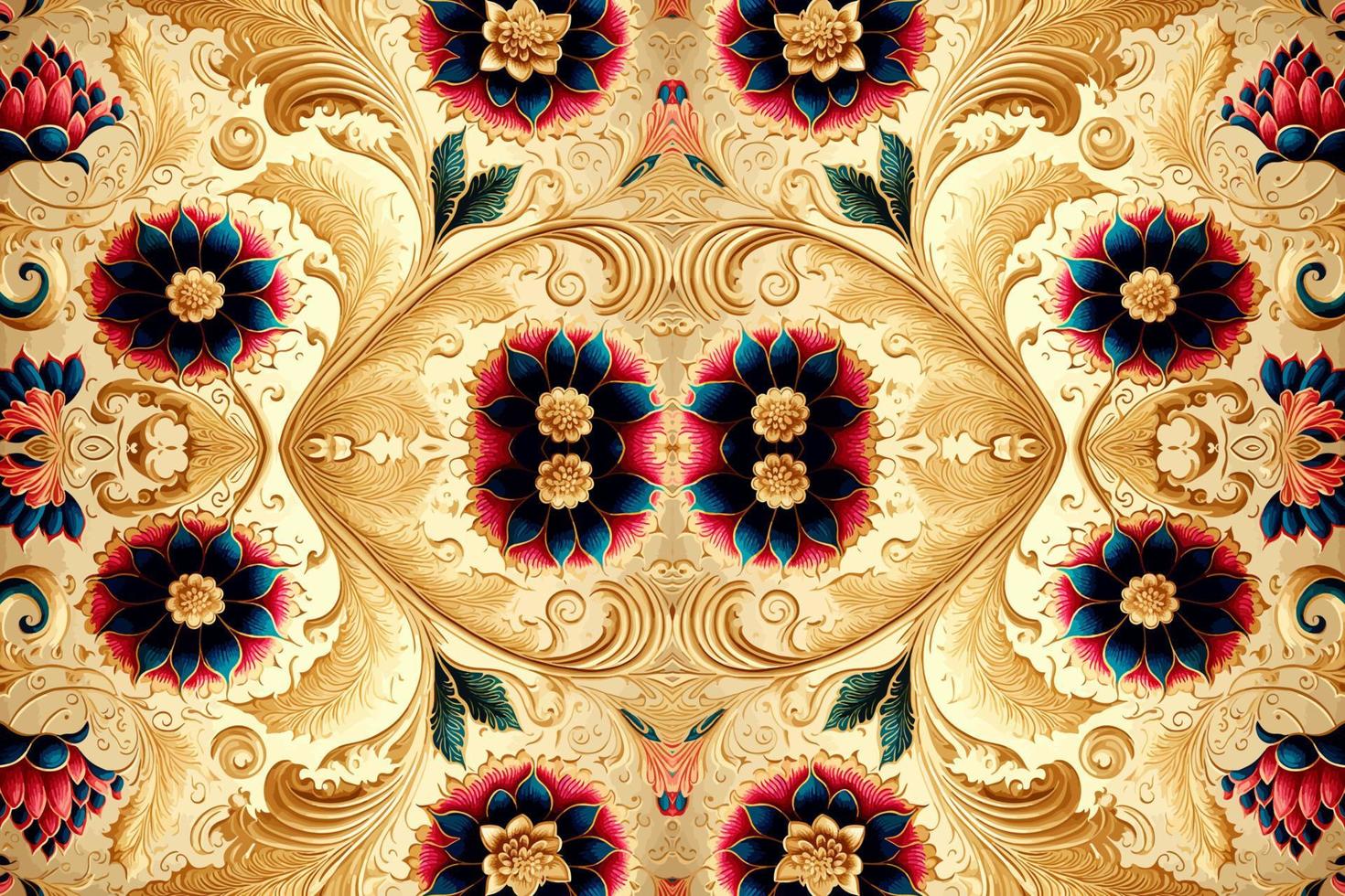 etnisch bloemen naadloos patroon gouden achtergrond. abstract traditioneel volk antiek tribal grafisch lijn. structuur textiel kleding stof Indisch patronen. overladen elegant luxe wijnoogst retro stijl. vector