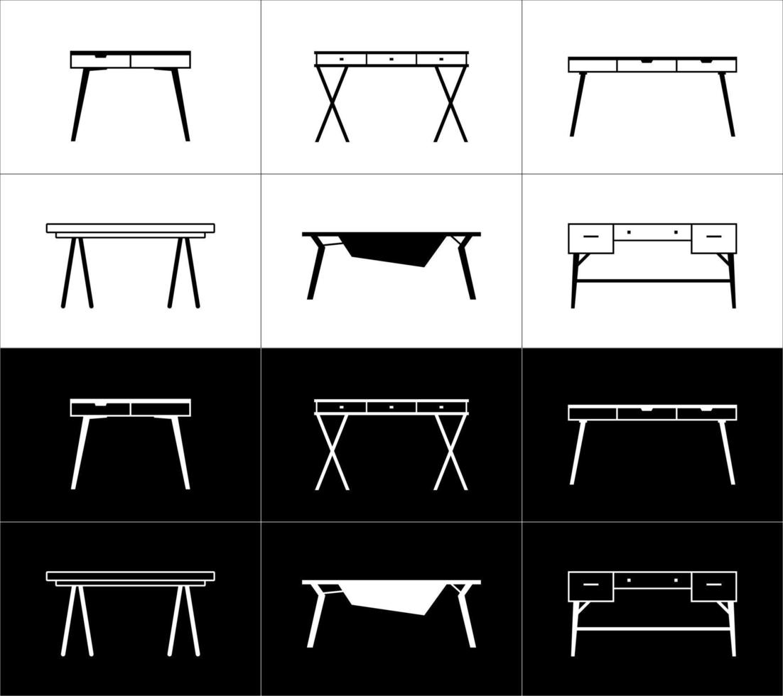 meubilair schets pictogrammen set. bureaus. wit Aan een zwart achtergrond en zwart Aan een wit achtergrond. vector