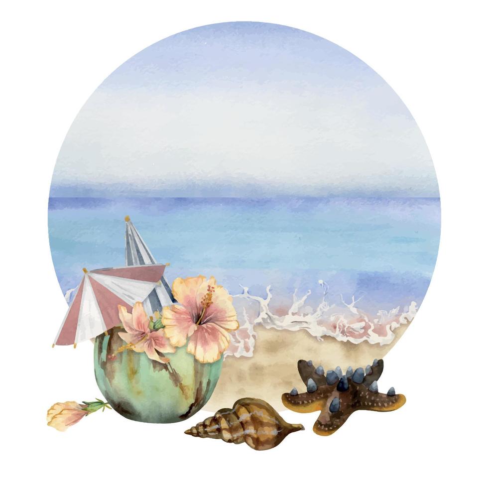 hand- getrokken waterverf samenstelling. zeegezicht met strand kokosnoot cocktail, Golf Aan zand, zee schelpen. geïsoleerd Aan wit achtergrond. muur kunst, bruiloft, afdrukken, kleding stof, omslag, kaart, toerisme, reizen boekje. vector
