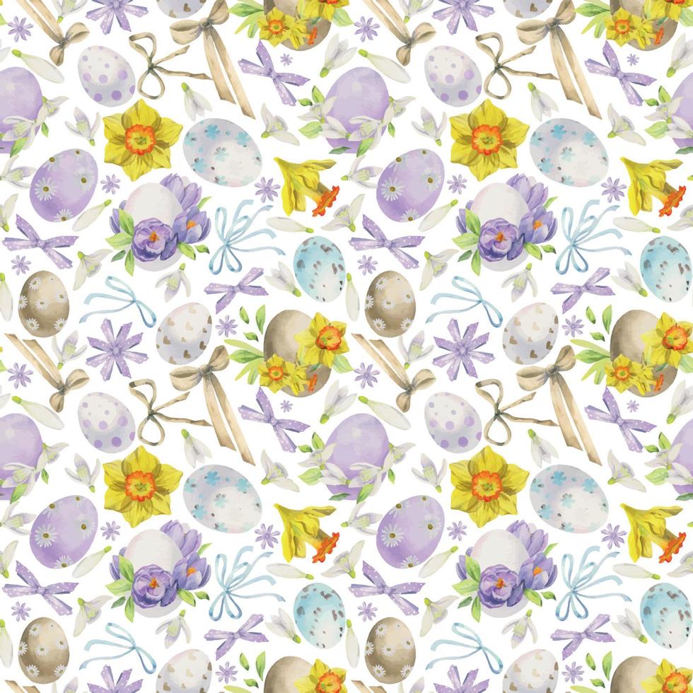waterverf hand- getrokken Pasen viering clip art. naadloos patroon met geschilderd eieren, bogen, bloemen. pastel kleur. geïsoleerd Aan wit achtergrond. voor uitnodigingen, geschenken, groet kaarten, afdrukken, textiel vector