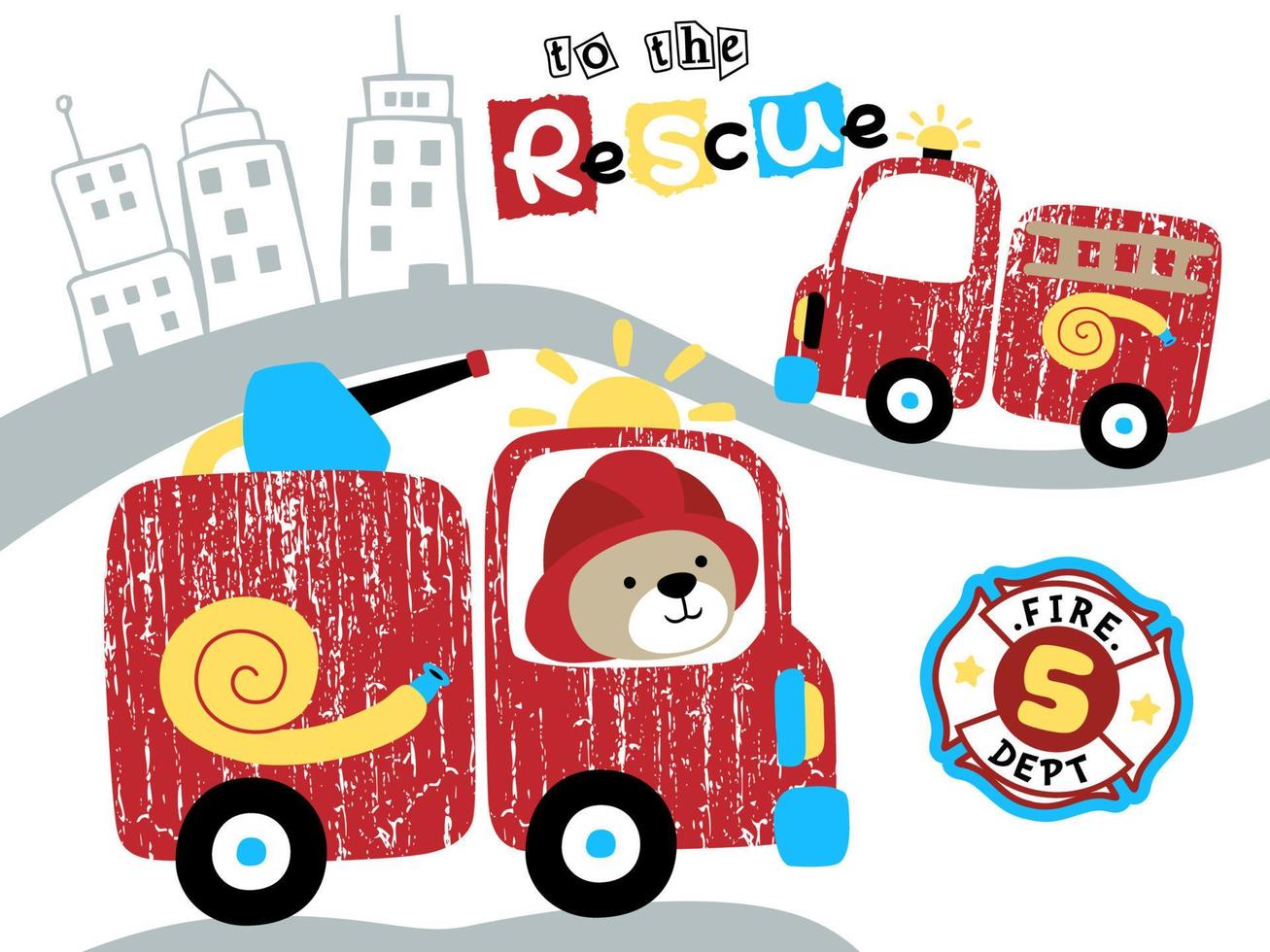brandweerwagen tekenfilm met grappig beer in stad weg vector