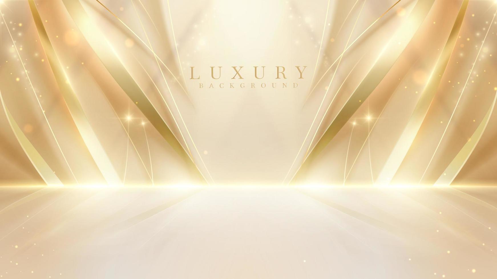 luxe room kleur achtergrond met gouden kromme lijn elementen en goud licht Effecten decoratie en bokeh, vector illustratie tafereel ontwerp.