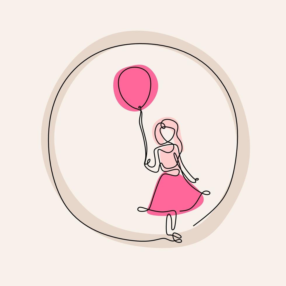 een doorlopende lijntekening van kleine meisjes die een roze jurk dragen en roze ballonnen spelen. schattig kind meisje houdt een wuivende ballon in de wind geïsoleerd op een witte achtergrond. jeugd concept. vector