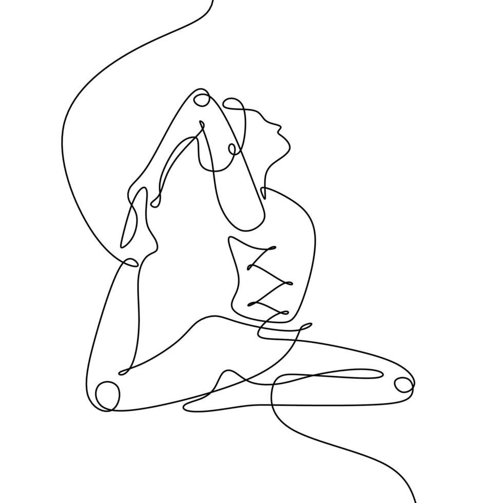 doorlopende lijntekening van vrouwen yoga, koningsduif vormen concept. vrouw doet yoga met hand met haar been in zwart-witte kleur. vector
