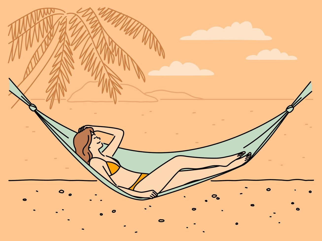 gelukkig jong vrouw aan het liegen in hangmat ontspannende Aan strand Aan zomer vakantie. glimlachen meisje in bikini genieten zomertijd vakantie Aan kust. vector illustratie.