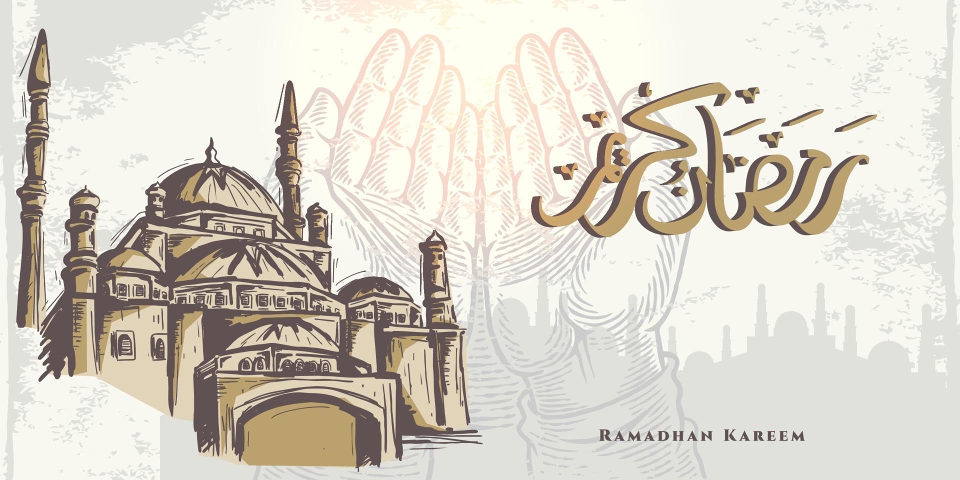 ramadan kareem-wenskaart met handbiddende handschets, gouden moskee en arabische kalligrafie betekent hulst ramadan. hand getrokken schets elegant ontwerp geïsoleerd op een witte achtergrond. vector