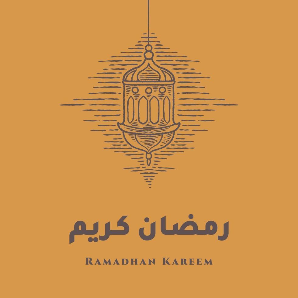 ramadan kareem-wenskaart met lantaarnschets. Arabische kalligrafie betekent hulst ramadan. vintage hand getekend geïsoleerd op een oranje achtergrond vector