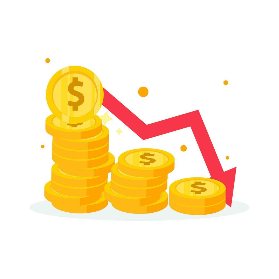 gouden dollar munten stack en naar beneden pijl. vlak vector icoon geïsoleerd Aan wit. economie, financiën, geld symbool. valuta pictogram. vector illustratie. verminderen