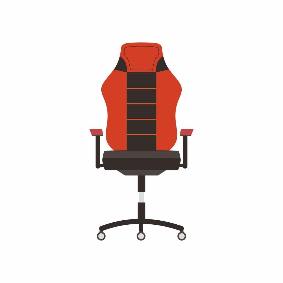 donkere en rode gaming stoel geïsoleerd op een witte achtergrond platte pictogram. ergonomische gaming-fauteuil comfortabele omgeving. esports-apparatuur. platte cartoon ontwerp vectorillustratie vector