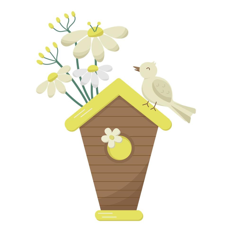 vogelhuisje met een weinig het zingen vogel Aan de dak en bloemen boeket. tekenfilm vector voorjaar illustratie. lente concept