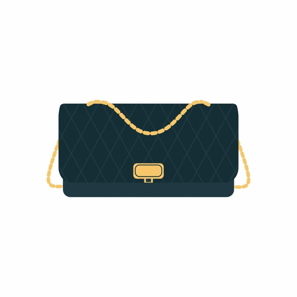 vector platte icoon van gewatteerde tas. elegante stijlvolle zwarte damestas met gouden kettingriem. modieuze vrouwelijke outfit accessoires geïsoleerd op een witte achtergrond in cartoon-stijl. vector illustratie