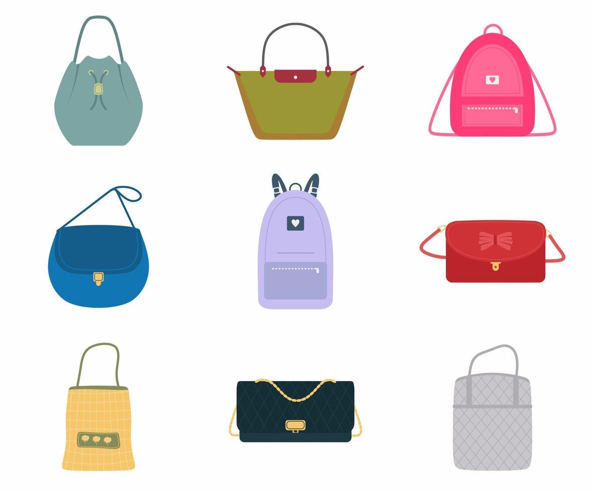 een set damestassen, een modieuze tas met assortiment kleurenhandtas, rugzak, draagtas, emmer. trendy van verschillende typen geïsoleerd op een witte achtergrond. plat ontwerp, vectorillustratie vector