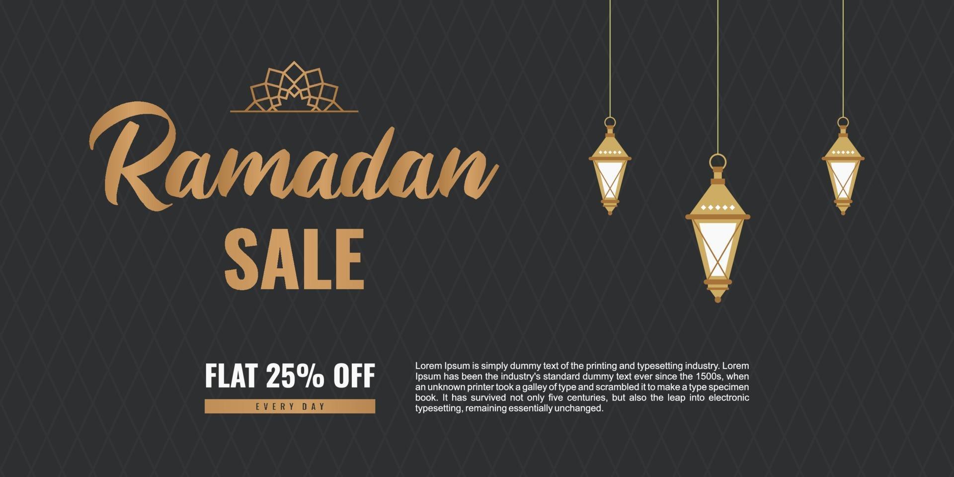 ramadan mega biedt bannerontwerp met traditionele Arabische hangende lantaarns en kortingsaanbieding op zwarte achtergrond. concept business marketing promotie logo teken. vector vlakke afbeelding