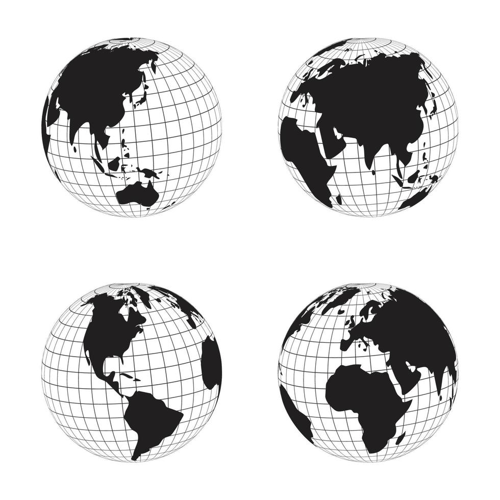 verzameling van wereldbol silhouetten continent kaarten met Lengtegraad vector