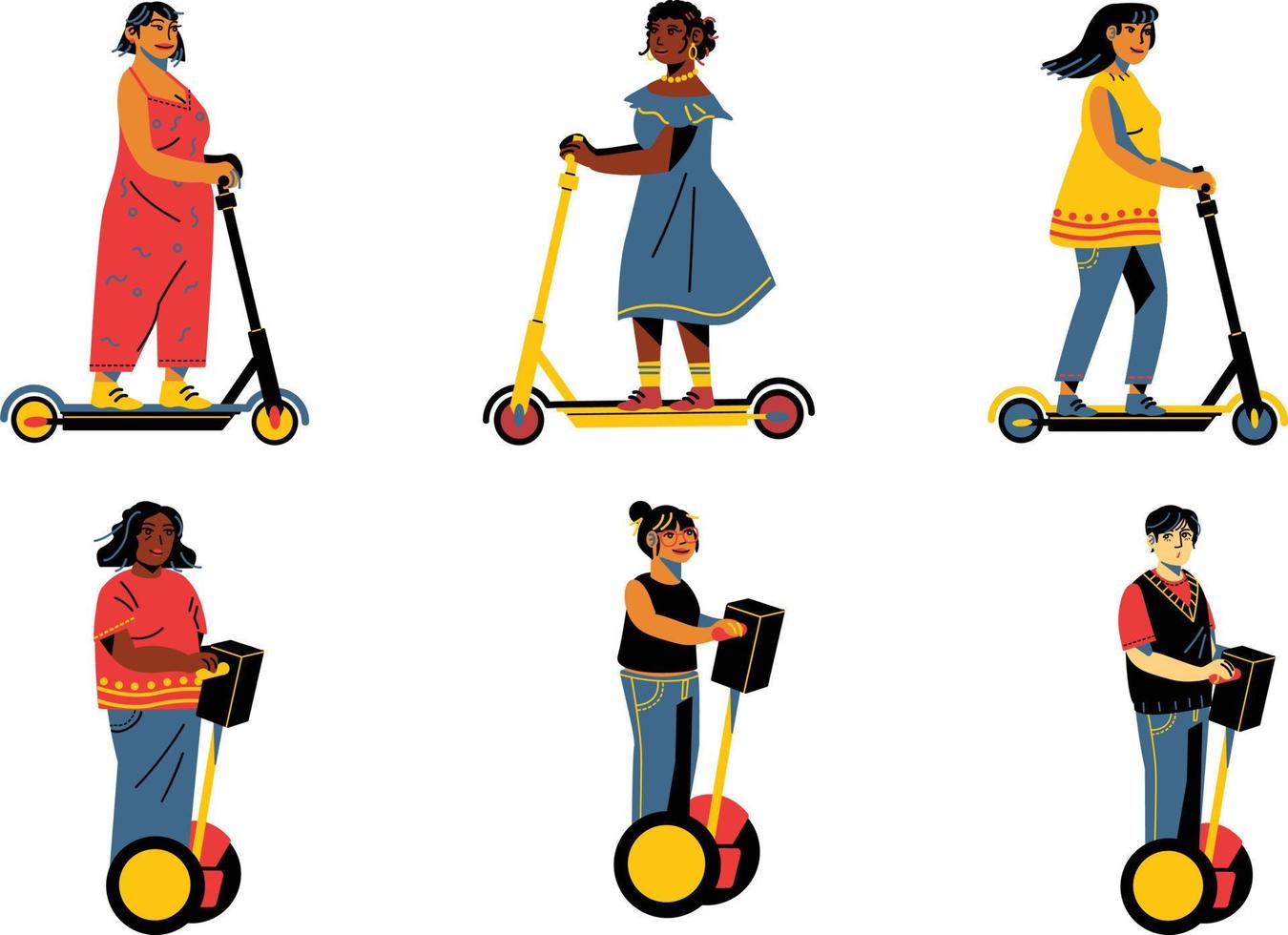 reeks van millennial mensen rijden elektrisch trap scooter vector illustratie vlak ontwerp