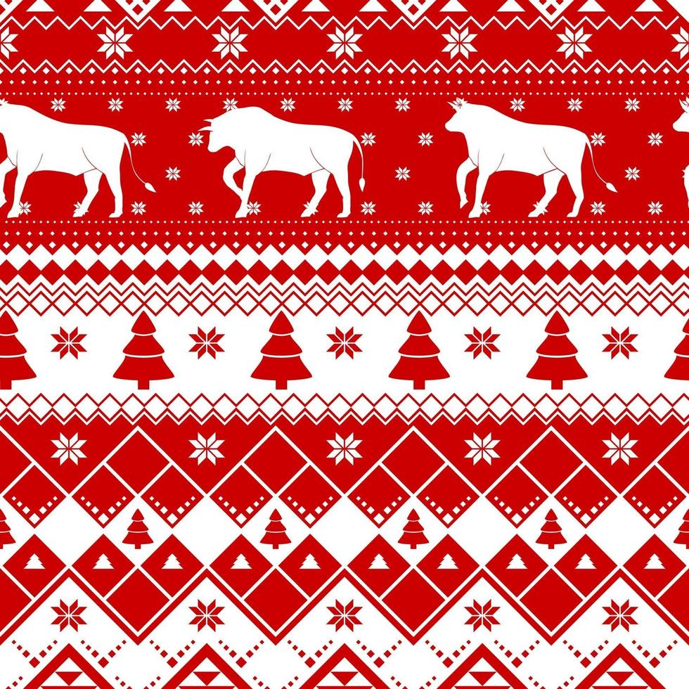 naadloze Kerst patroon - gevarieerde kerst koeien met Noorse ornamenten. rode en witte gelukkig Nieuwjaar achtergrond. vector ontwerp voor wintervakantie. print voor stof.