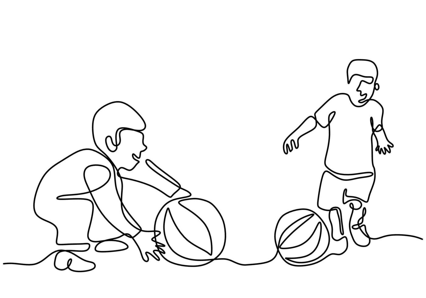 twee kleine jongen samenspelen een doorlopende lijntekening vectorillustratie geïsoleerd op een witte achtergrond. gelukkige kinderen spelen bal op veld. speel leuke ideeën in een minimalistisch ontwerpconcept vector