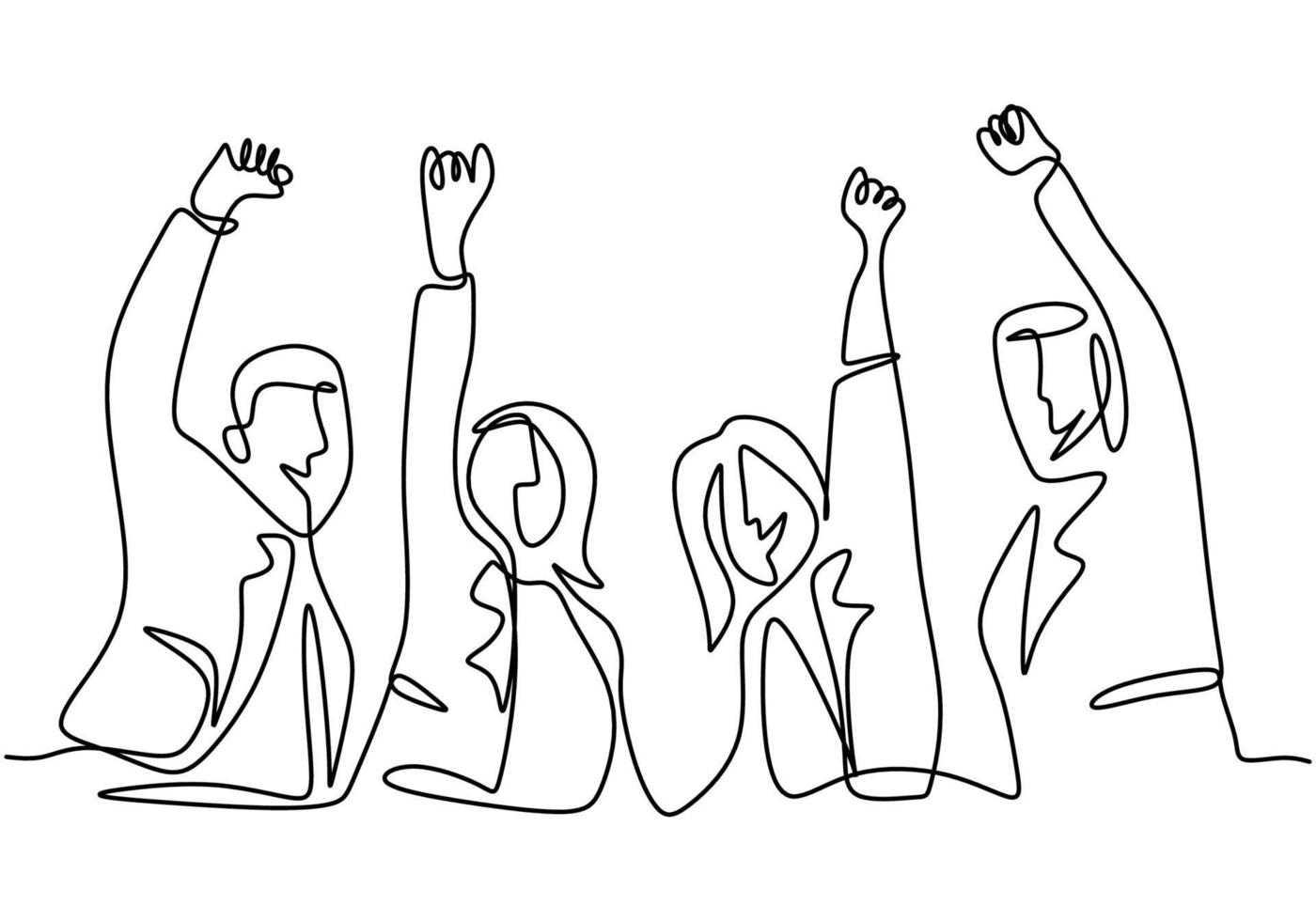 doorlopende lijntekening van kantoormedewerker handen omhoog en springen gelukkig. jonge zakenman en zakenvrouw spreekt over succes met handgetekende minimalistische stijl van nieuwe projecten. vector illustratie
