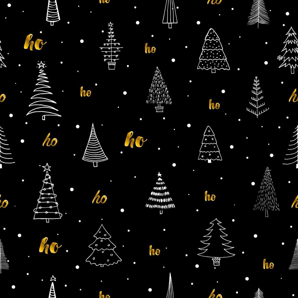 naadloze patroon met verschillende kerstbomen en gouden ho-ho. zwarte voering ruwe handtekening. kan worden gebruikt voor stof, telefoonhoesje en inpakpapier. vector