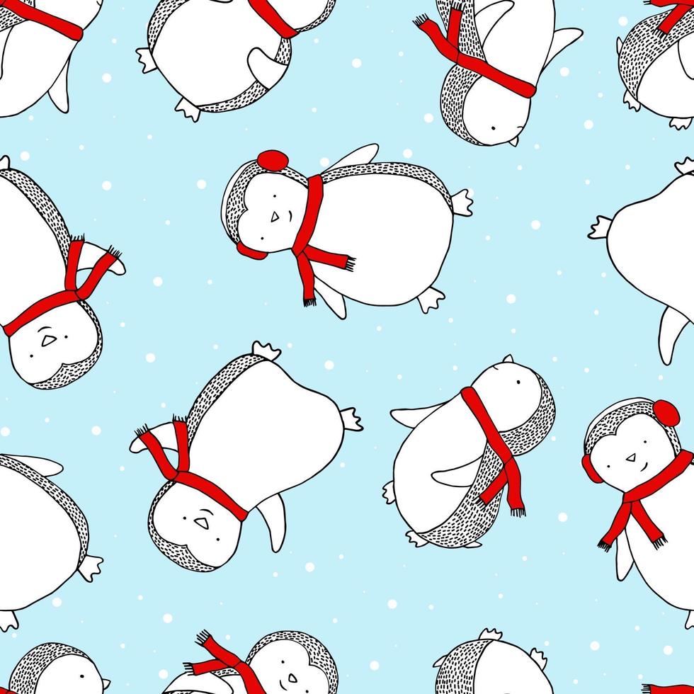 naadloze feestelijke print met pinguïns en sneeuw. grappige print voor winterkleren en elementenontwerp. vector