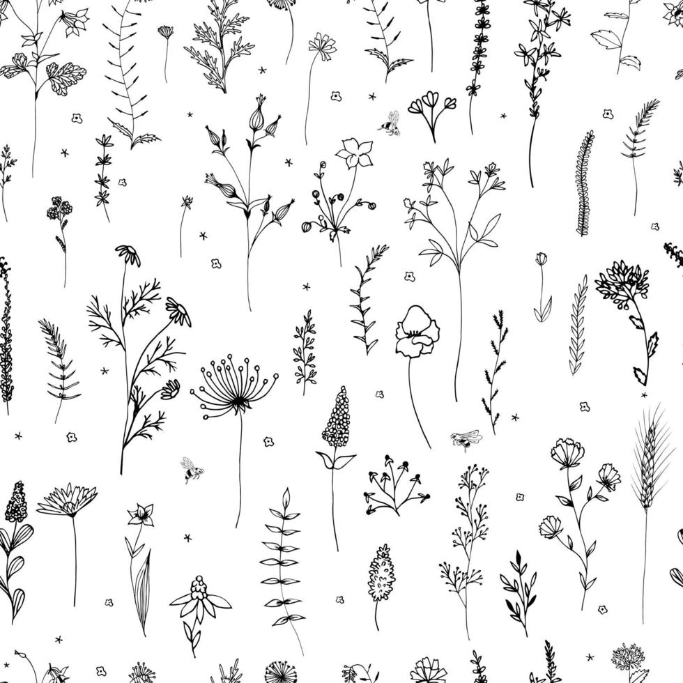 schets bloemen collectie. naadloze patroon met bloemen en insecten. print voor ontwerp. vector