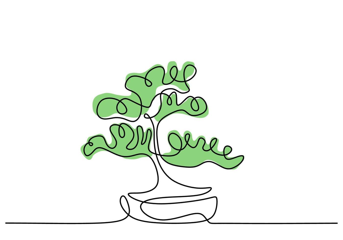 doorlopende lijntekening van aard bonsaiboom in pot geïsoleerd op een witte achtergrond. schoonheid en verse chinese of japanse banyan plant voor home art wall decor. botanisch kamerplantthema vector