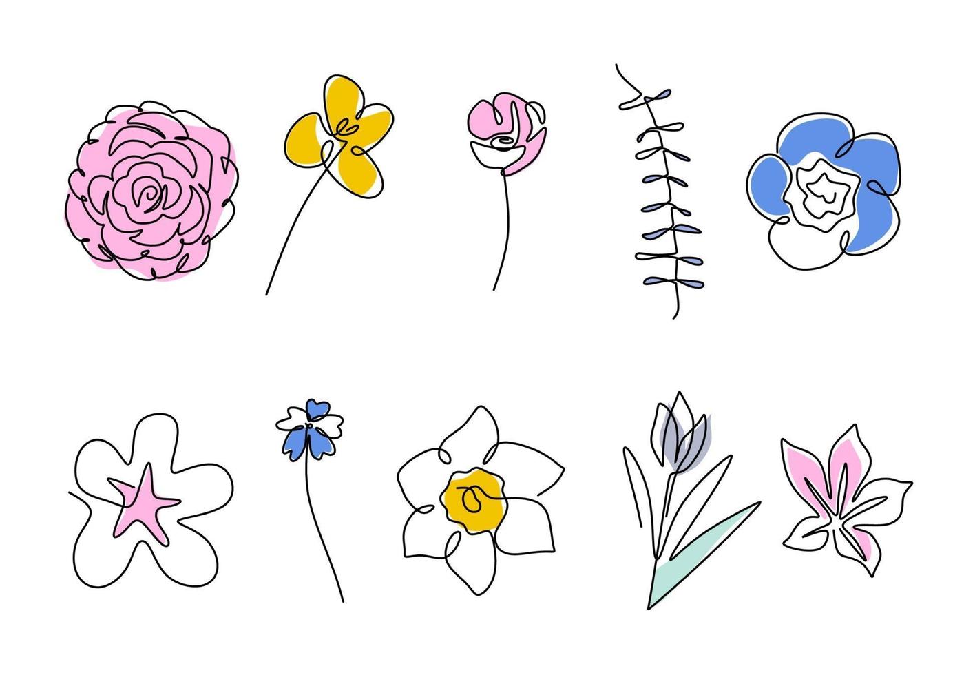 set van continue een lijntekening van een mooie bloemen in verschillende soorten zoals camelia, tulp, klaproos, sakura, azalea, nahonana, nemophilia, shibazakura etc. vector lentebloem illustratie