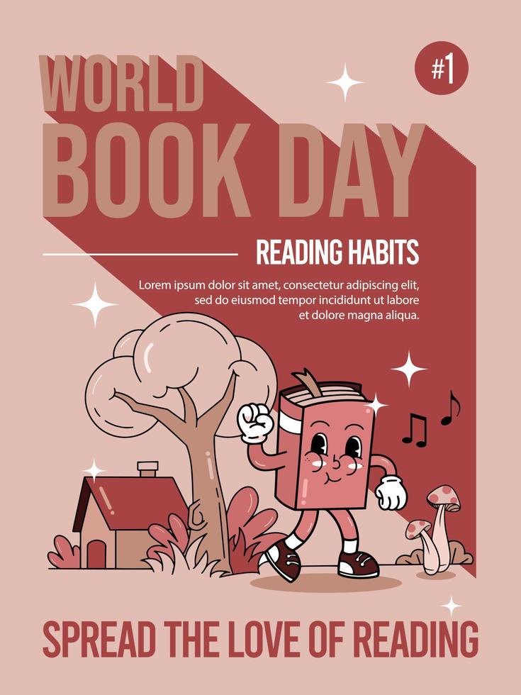 gelukkig wereld boek dag. lezing gebruiken, tekenfilm jaren 70 stijl, vector. vector